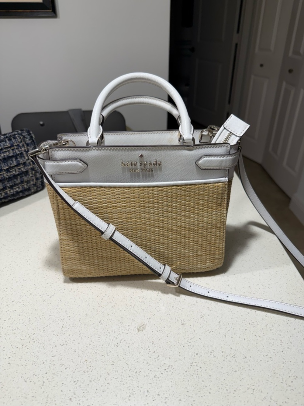 kate spade White & Natural Straw Satchel with Crossbody Strap